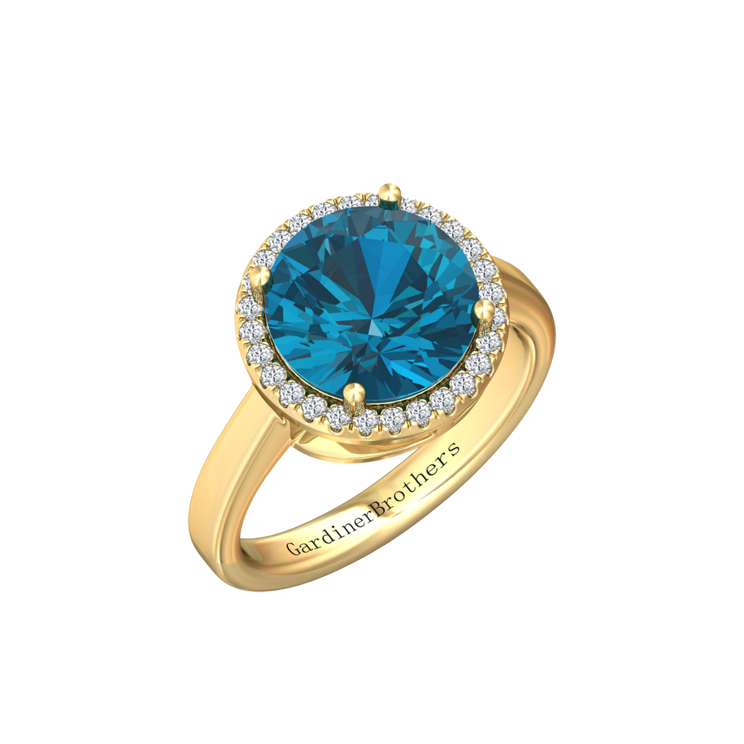 Nova round London Blue Topaz ring with a halo of diamonds Gardiner Brothers Yellow Gold