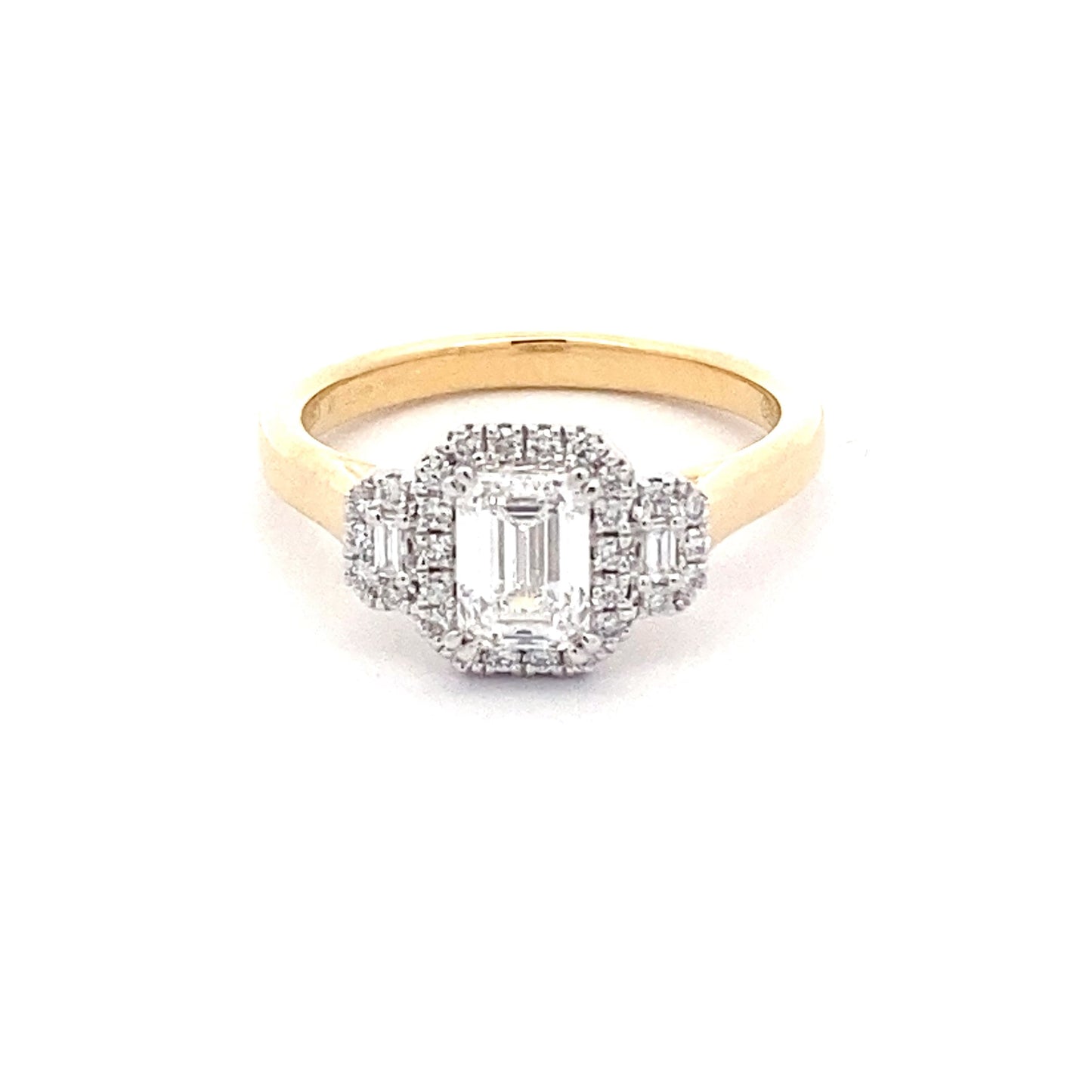 Emerald Cut Diamond 3 Stone Halo Cluster Style Ring - 0.98cts Gardiner Brothers