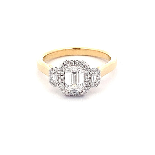 Emerald Cut Diamond 3 Stone Halo Cluster Style Ring - 0.98cts  Gardiner Brothers