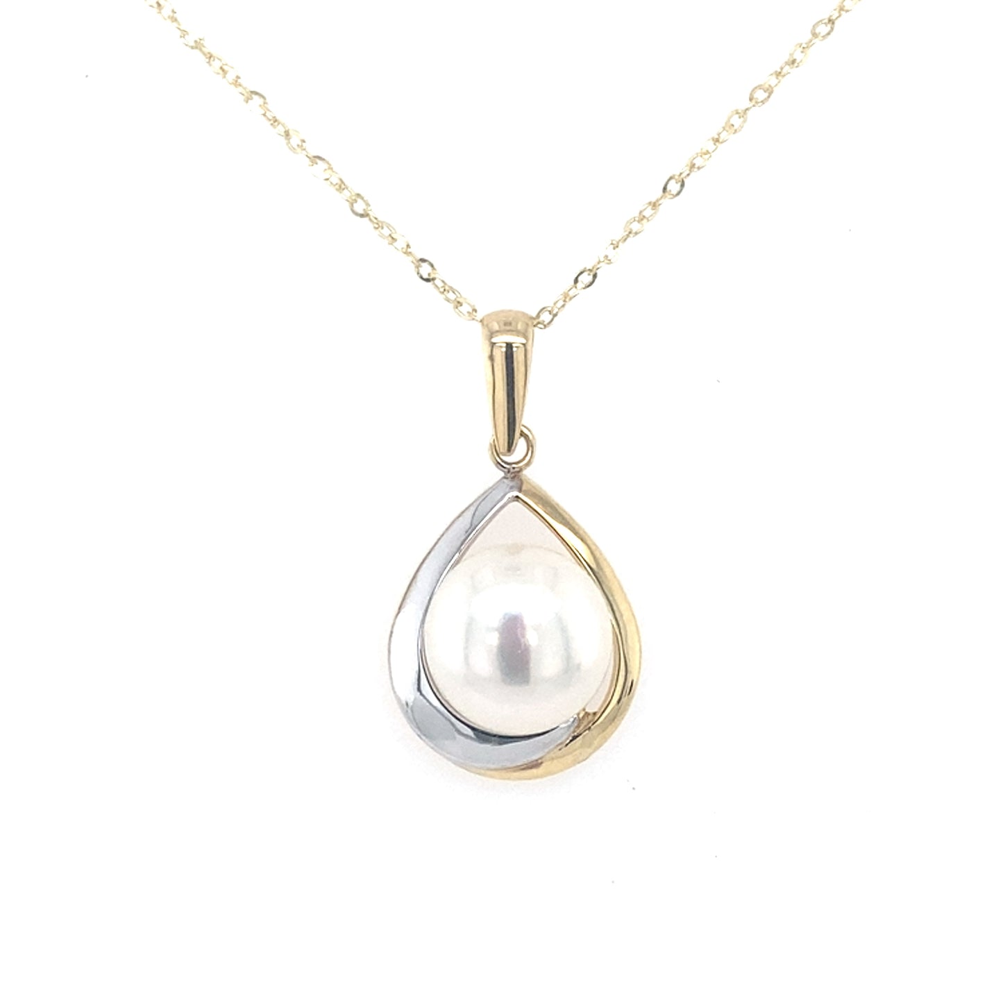 Yellow and White Gold Pearl TearDrop Style Pendant Gardiner Brothers