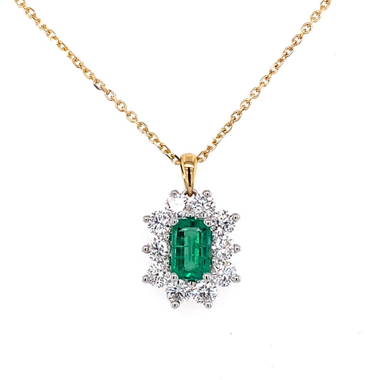 Octagonal emerald and round brilliant cut diamond cluster pendant  Gardiner Brothers