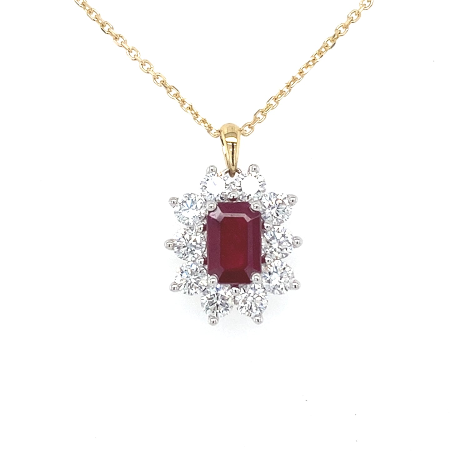 Octagonal Ruby and round brilliant cut diamond cluster pendant Gardiner Brothers