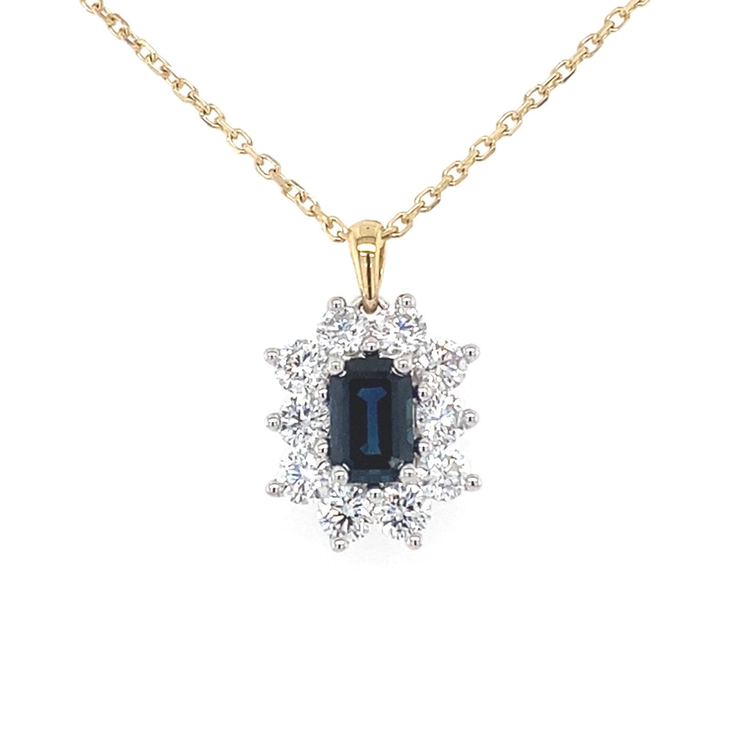 Octagonal sapphire and round brilliant cut diamond cluster pendant Gardiner Brothers
