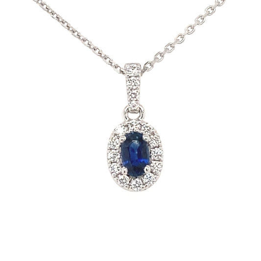 Oval sapphire and round brilliant cut diamond halo style pendant  Gardiner Brothers
