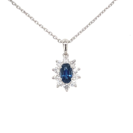Sapphire and round brilliant cut diamond cluster style pendant  Gardiner Brothers