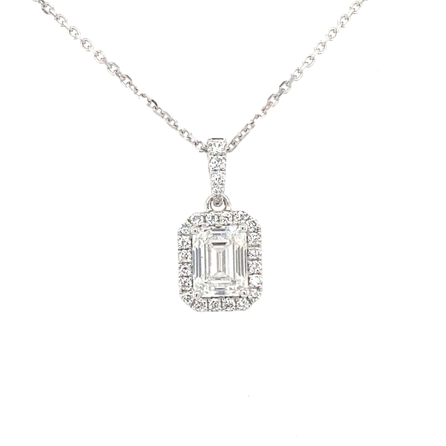 Emerald cut diamond halo cluster style pendant - 1.20cts Gardiner Brothers