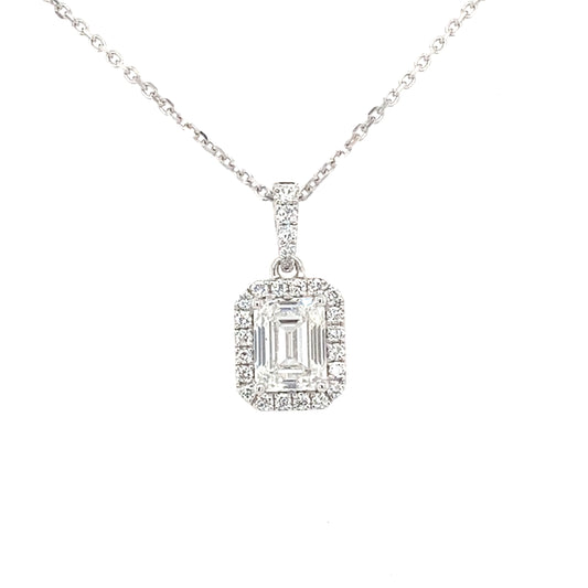 Emerald cut diamond halo cluster style pendant - 1.20cts  Gardiner Brothers
