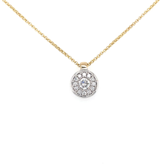 yellow and white gold Round Brilliant Cut Diamond Halo style pendant  Gardiner Brothers