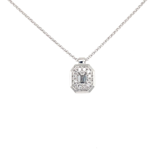 Emerald and round brilliant cut diamond halo style pendant  Gardiner Brothers