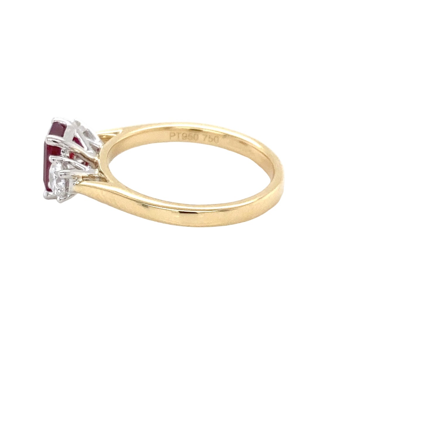 Octagonal Ruby and round brilliant cut diamond 3 stone ring Gardiner Brothers