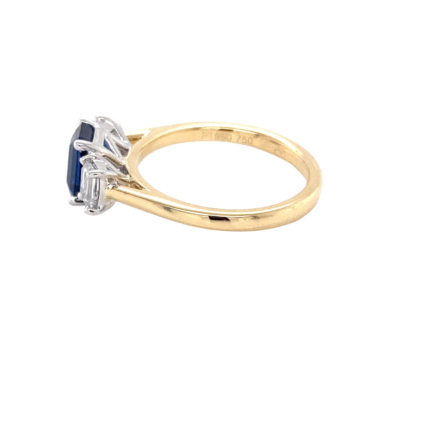 Octagonal shaped sapphire and emerald cut diamond 3 stone ring Gardiner Brothers