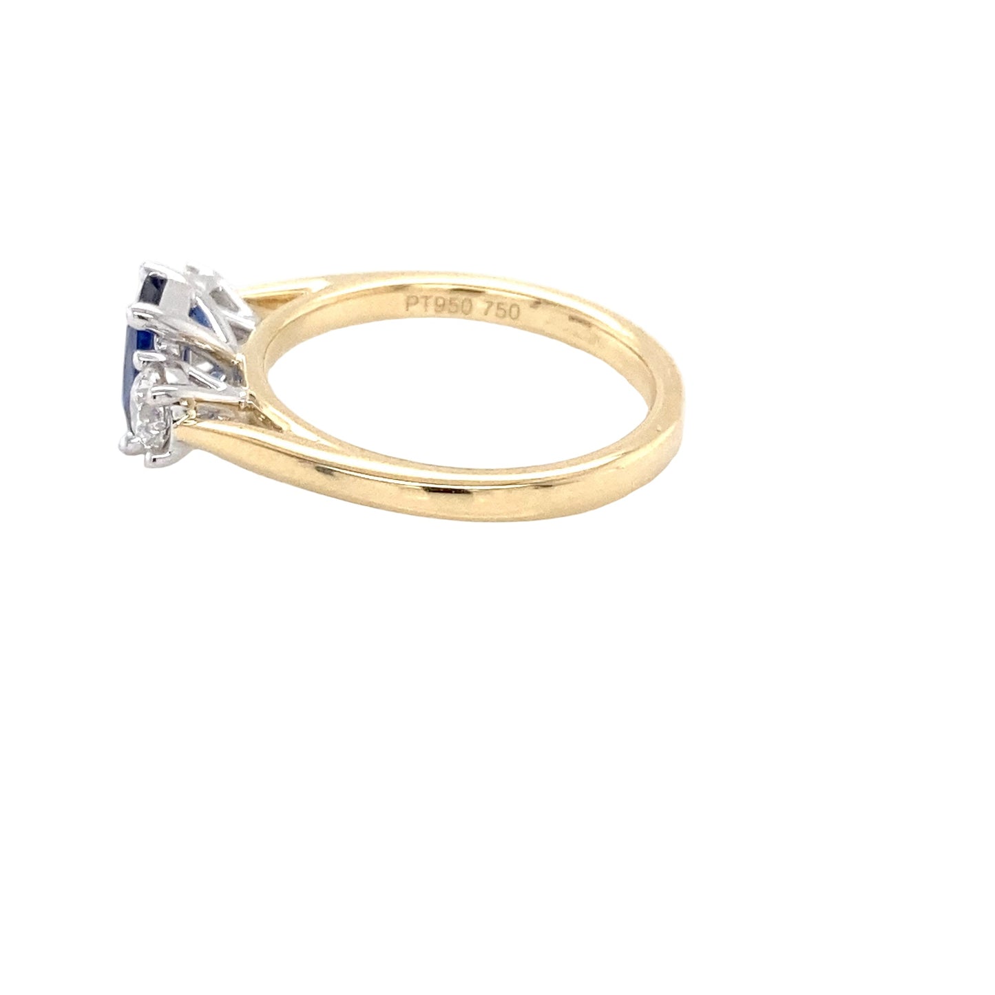 Cushion Shaped Sapphire and round brilliant cut diamond 3 stone ring Gardiner Brothers