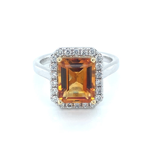 Octagonal Citrine and round brilliant cut diamond halo style ring Gardiner Brothers