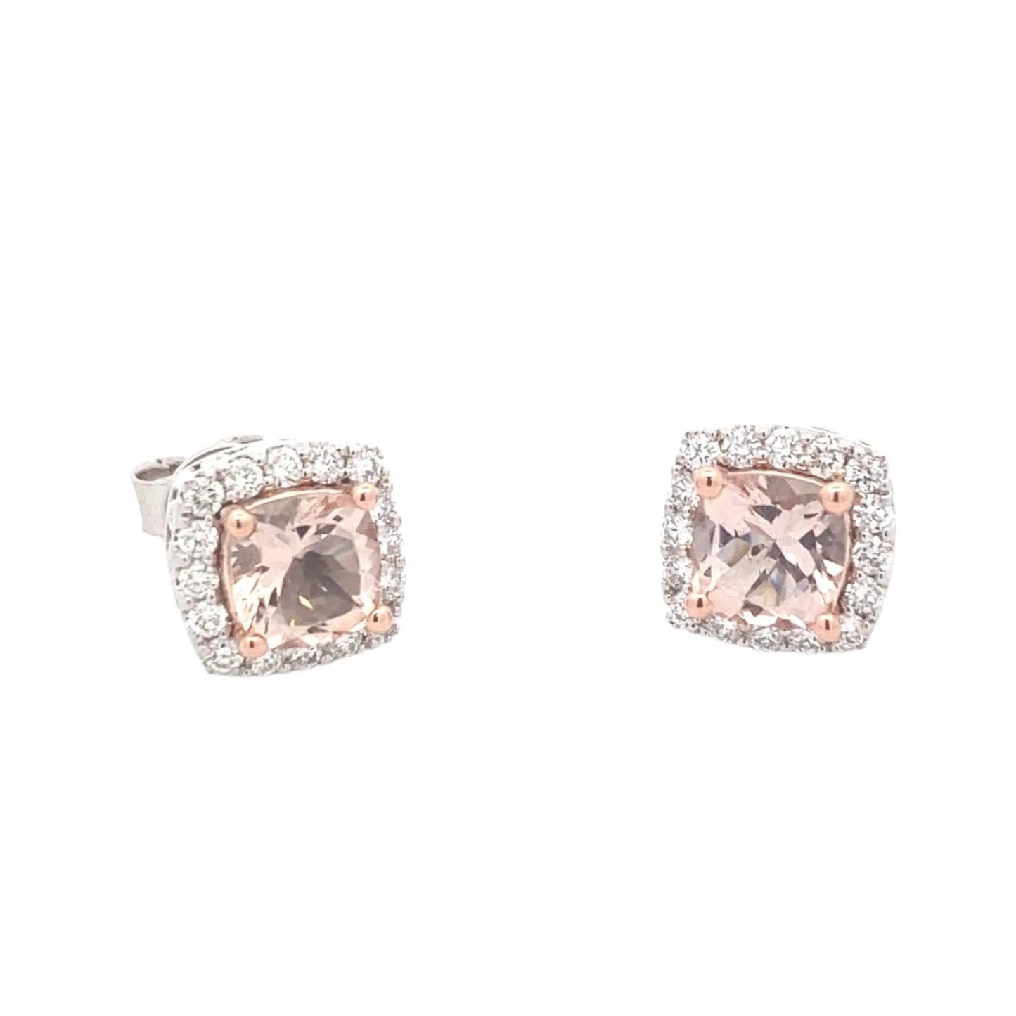 Cushion Shaped Morganite and round brilliant cut diamond halo style earrings Gardiner Brothers