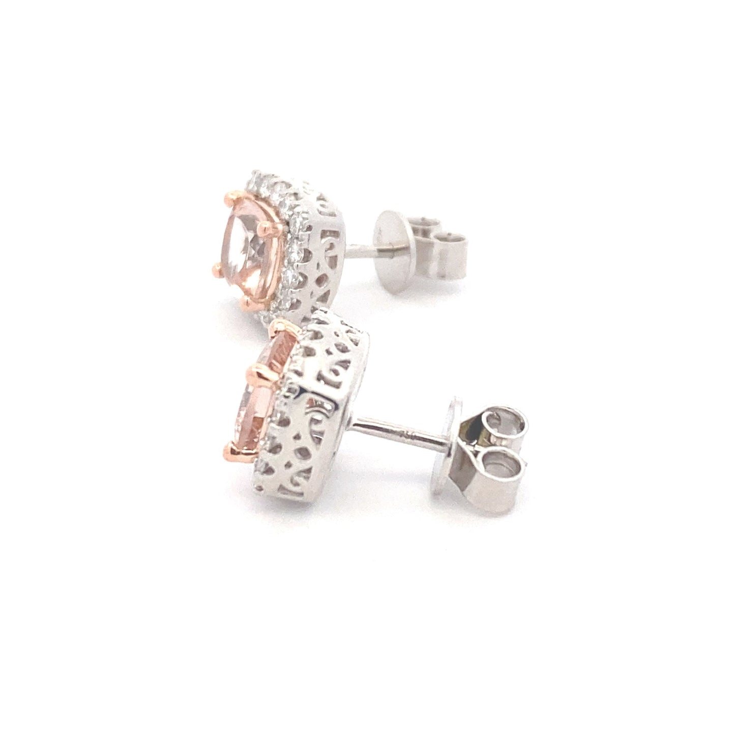 Cushion Shaped Morganite and round brilliant cut diamond halo style earrings Gardiner Brothers