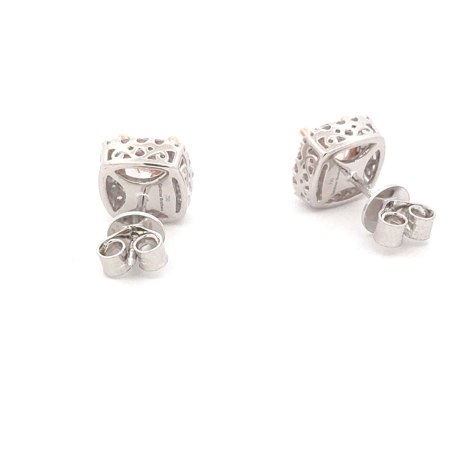Cushion Shaped Morganite and round brilliant cut diamond halo style earrings Gardiner Brothers