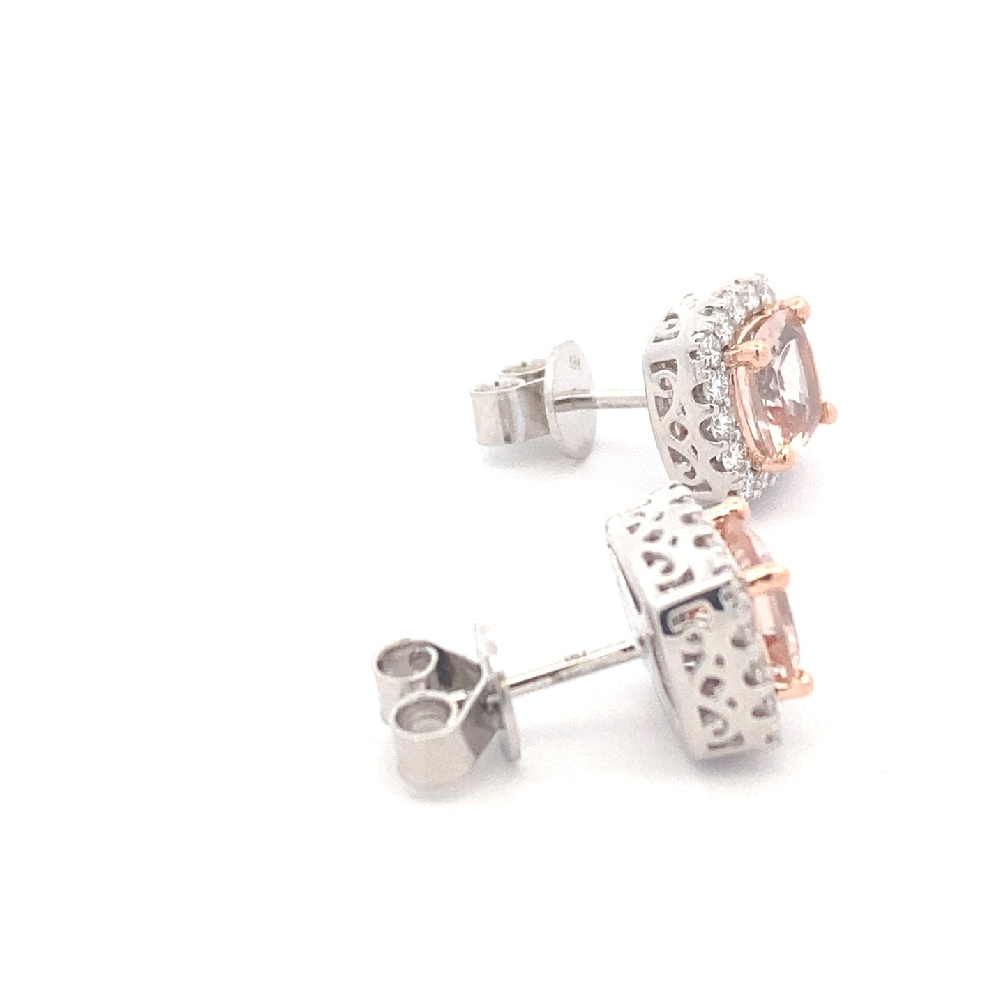Cushion Shaped Morganite and round brilliant cut diamond halo style earrings Gardiner Brothers