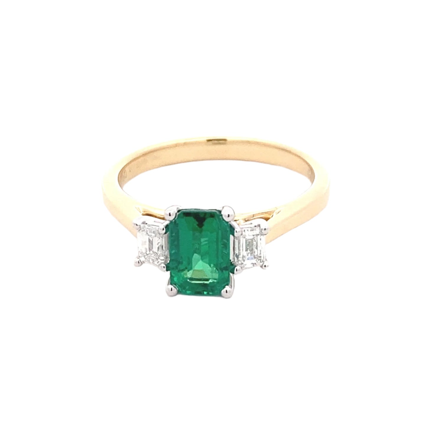 Octagonal emerald and emerald cut diamond 3 stone ring Gardiner Brothers