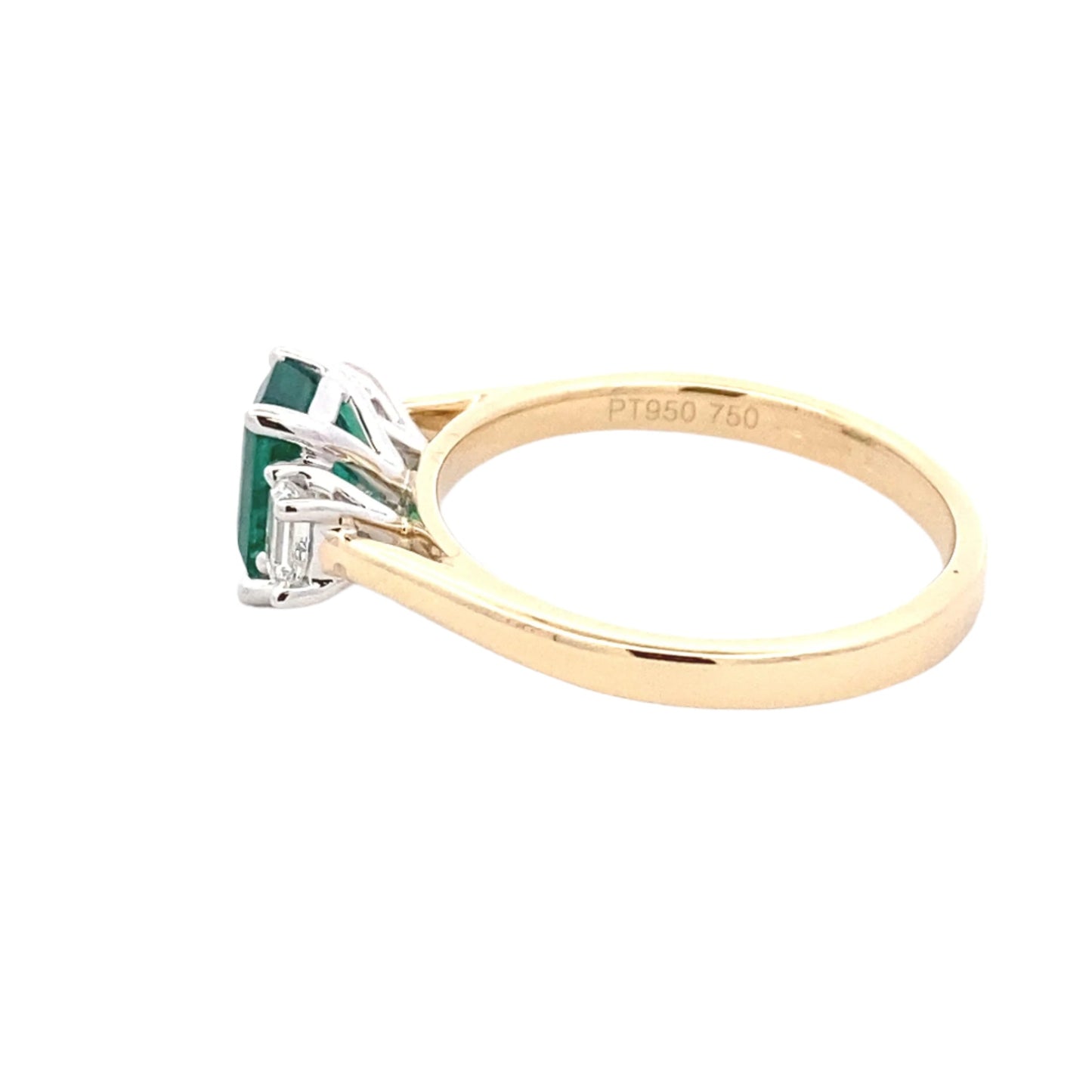 Octagonal emerald and emerald cut diamond 3 stone ring Gardiner Brothers