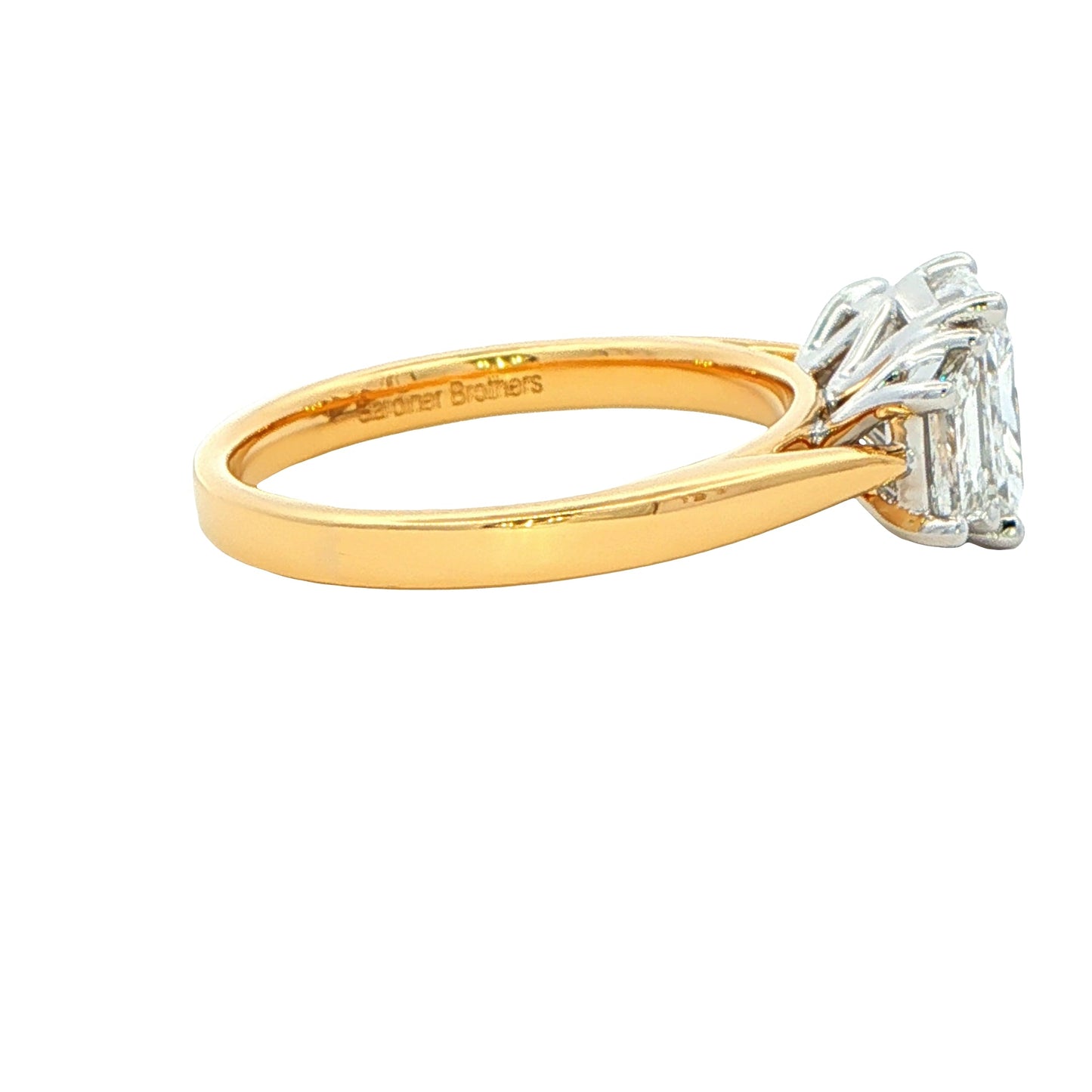 Yellow Gold Radiant and step-cut trapezoid diamond 3 stone ring - 2.36cts Gardiner Brothers
