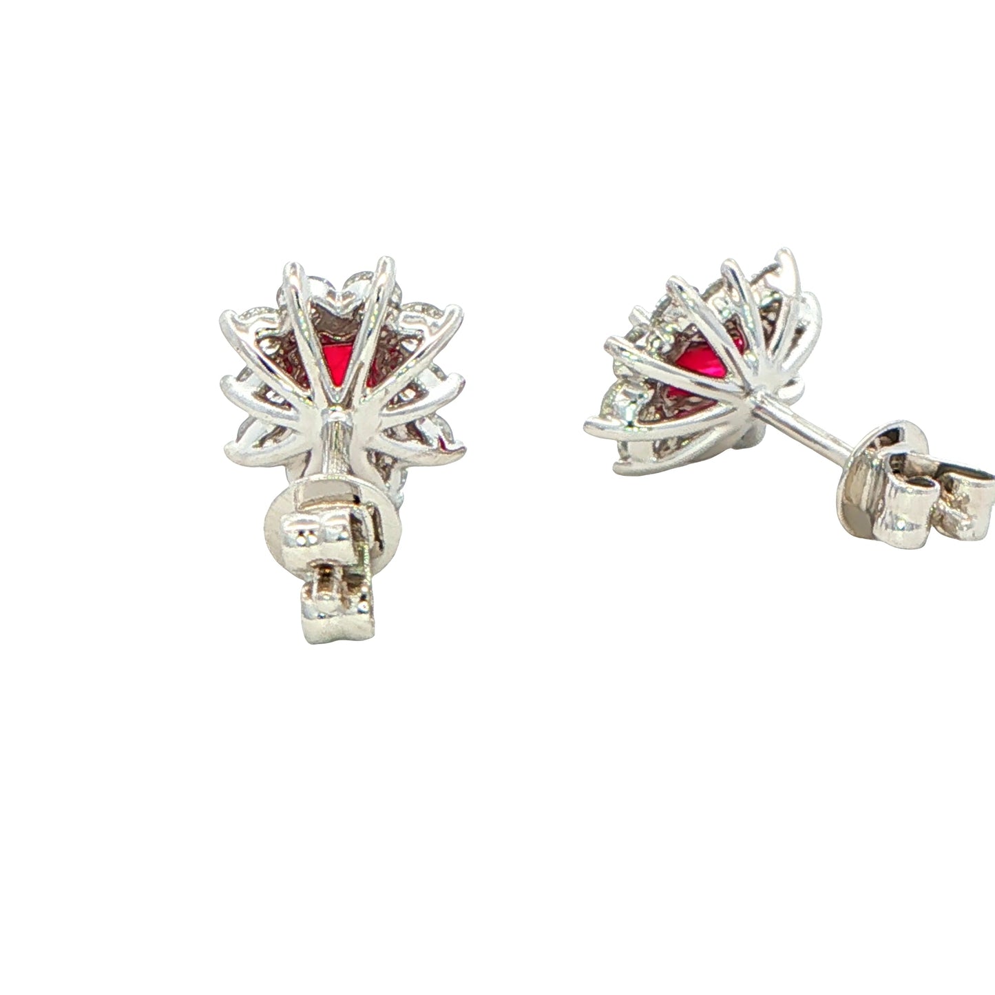 Octagonal shaped Ruby and round brilliant cut diamond cluster style earrings