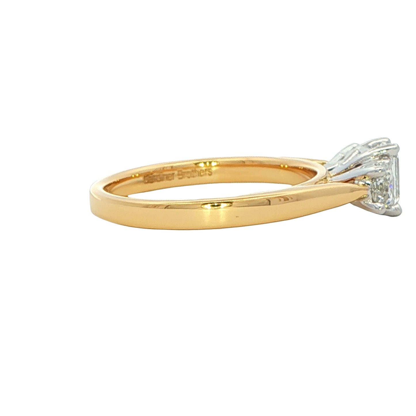 Yellow Gold Emerald and round brilliant cut diamond 3 stone ring - 1.01cts Gardiner Brothers