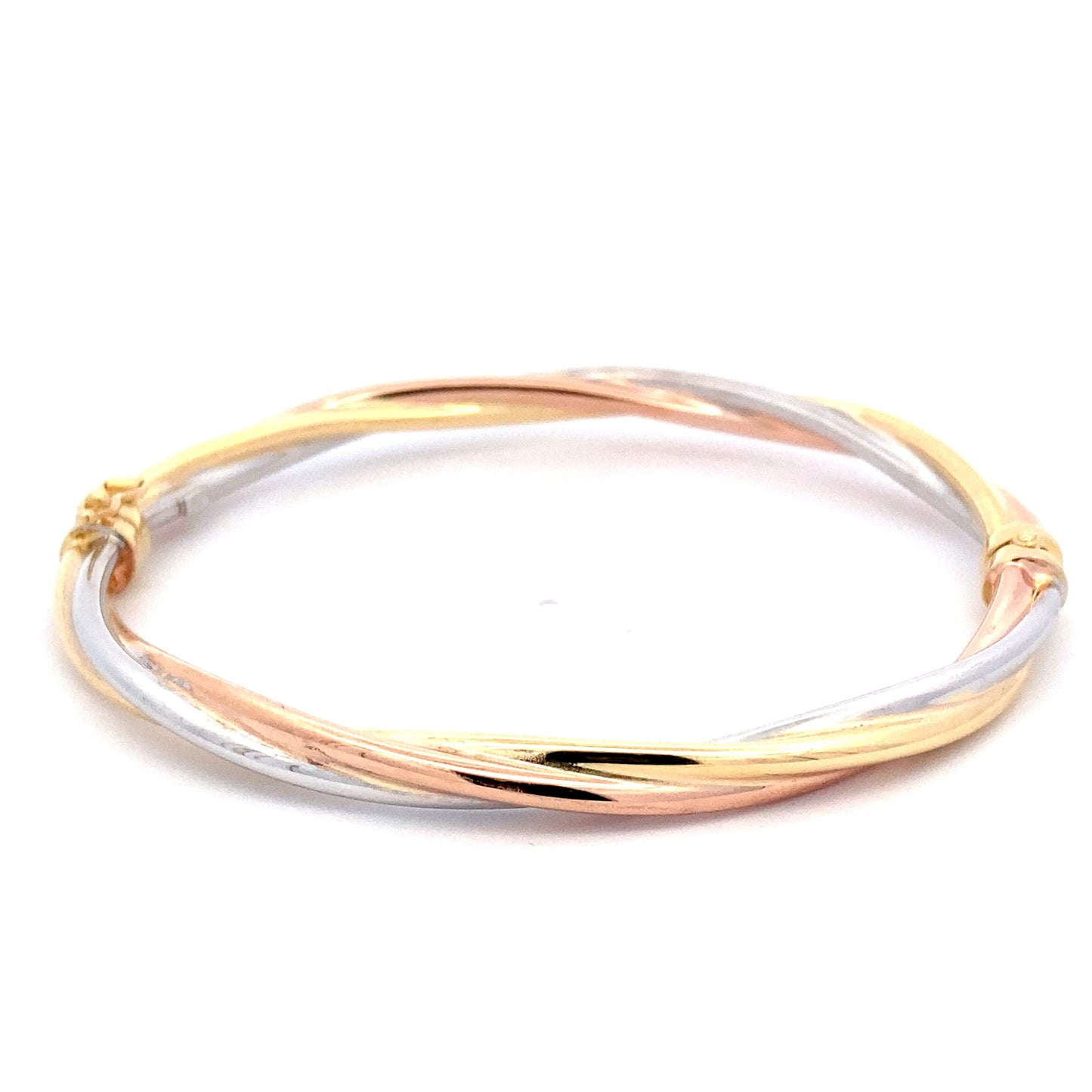 Yellow, Rose and White Gold Twisted Profile Bangle Gardiner Brothers