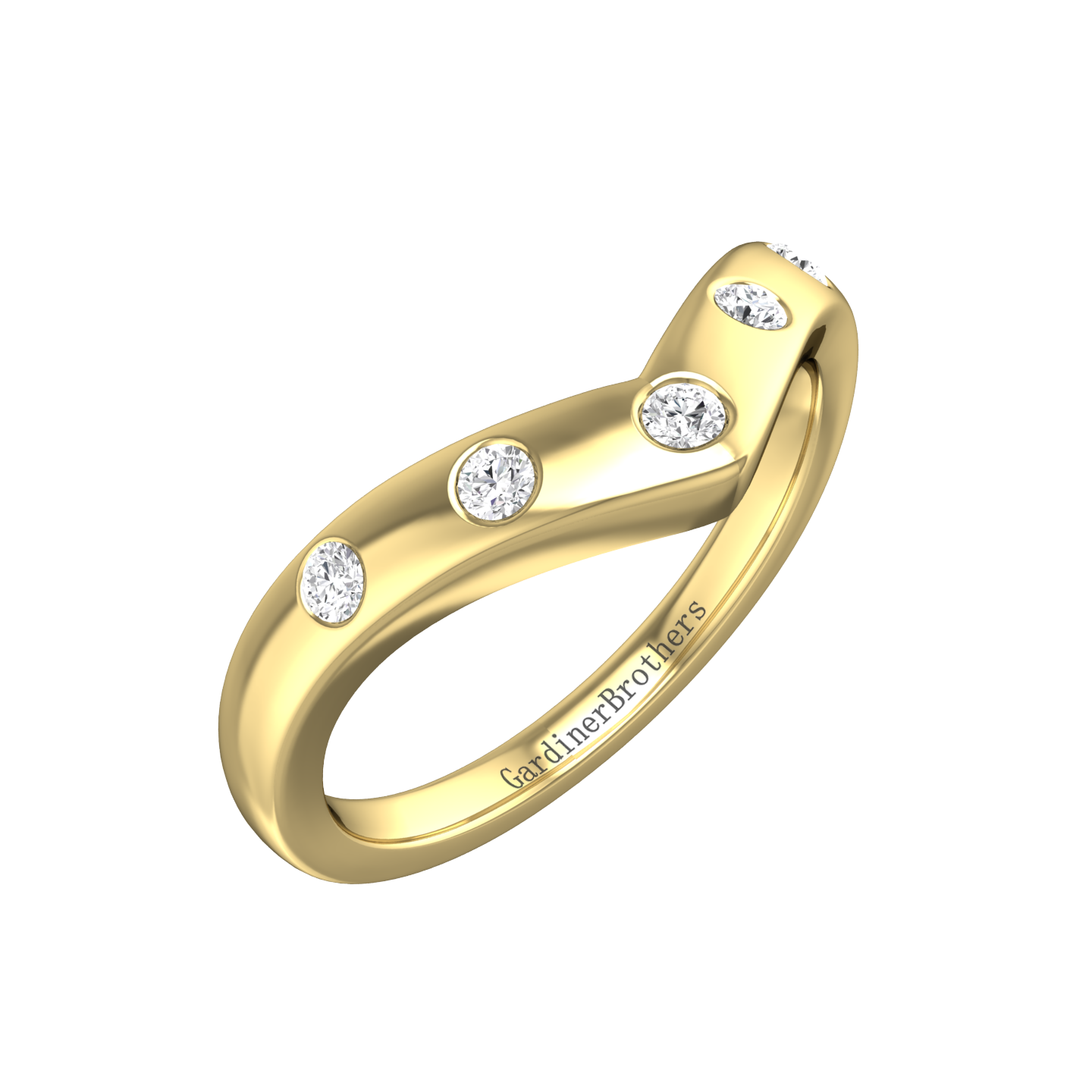Bow Shaped Wedding Ring with 5 Round Brilliant Cut Diamonds Gardiner Brothers 0.10cts 18ct Yellow Gold