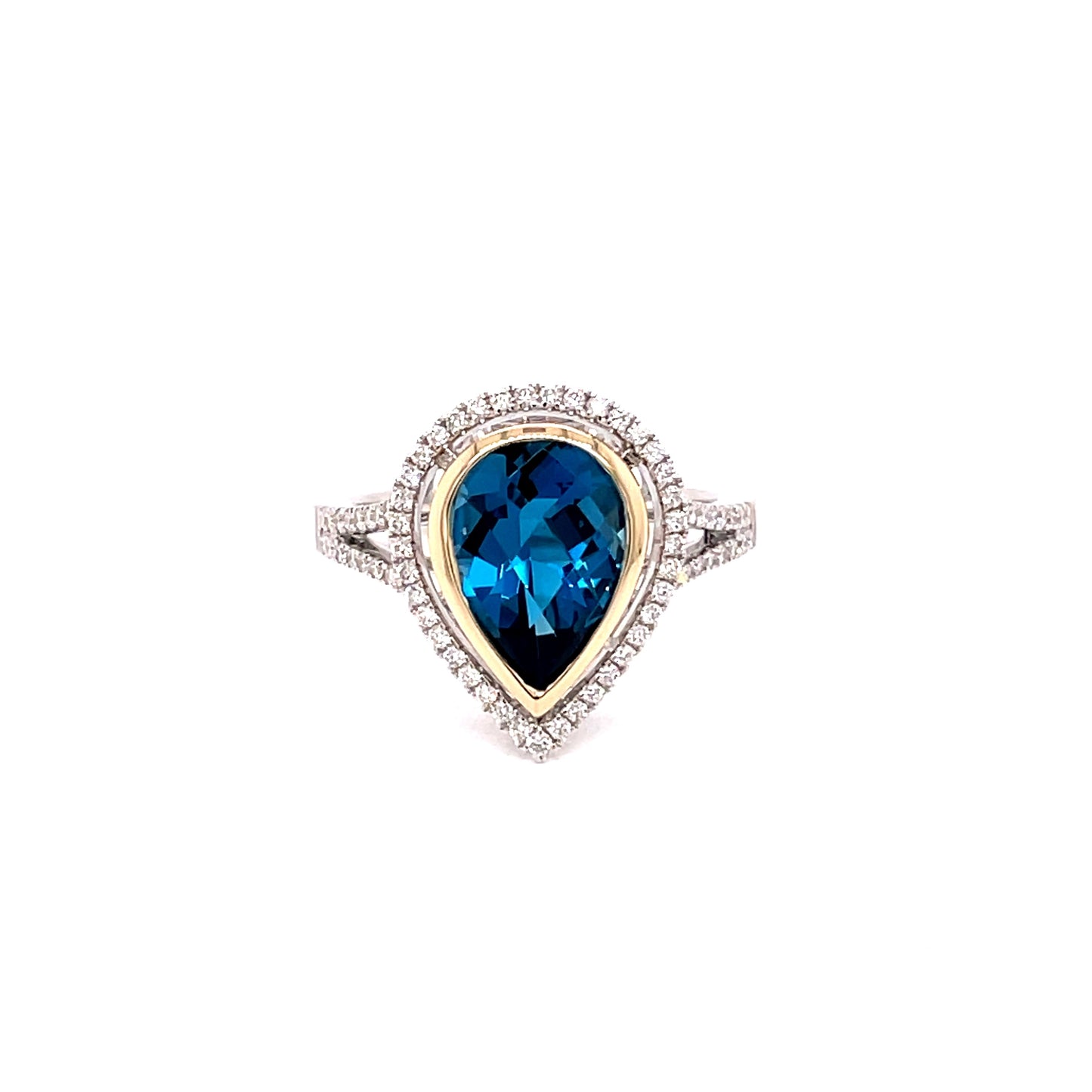 Pear Shaped London Blue Topaz and Diamond Halo Ring Gardiner Brothers