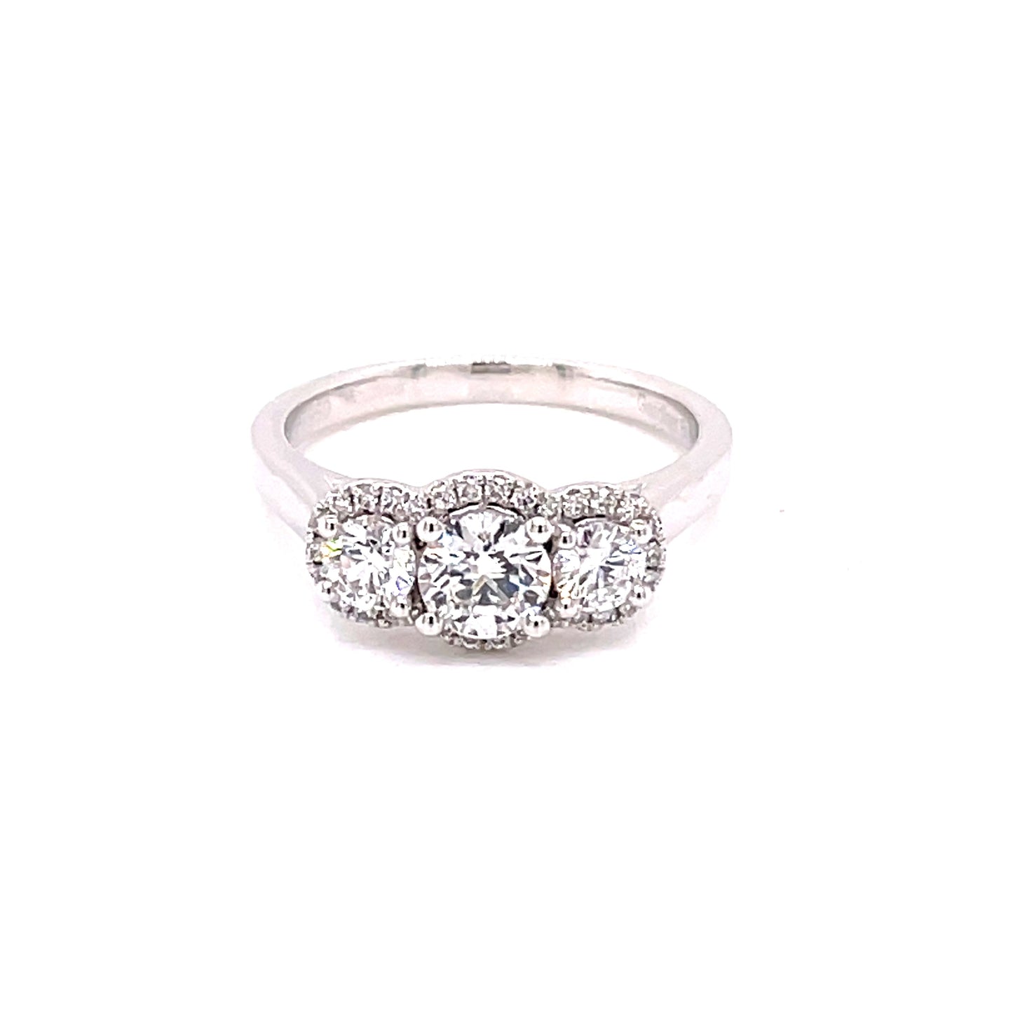 Round Brilliant Cut Diamond 3 Stone Halo Style Ring - 0.95cts Gardiner Brothers