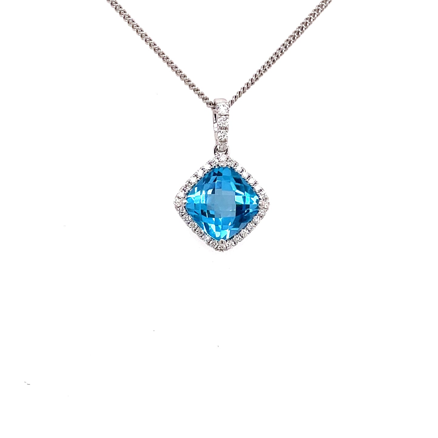 Blue Topaz and Diamond, Halo Style Pendant Gardiner Brothers