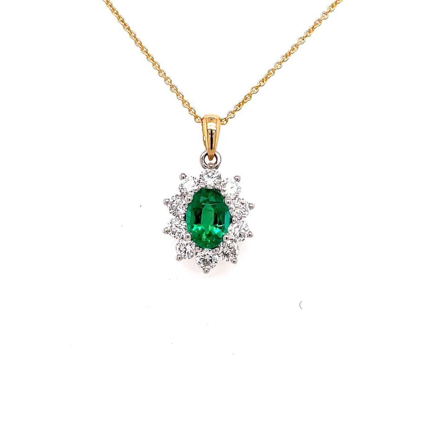 Emerald and Round Brilliant Cut Diamond Cluster Style Pendant Gardiner Brothers