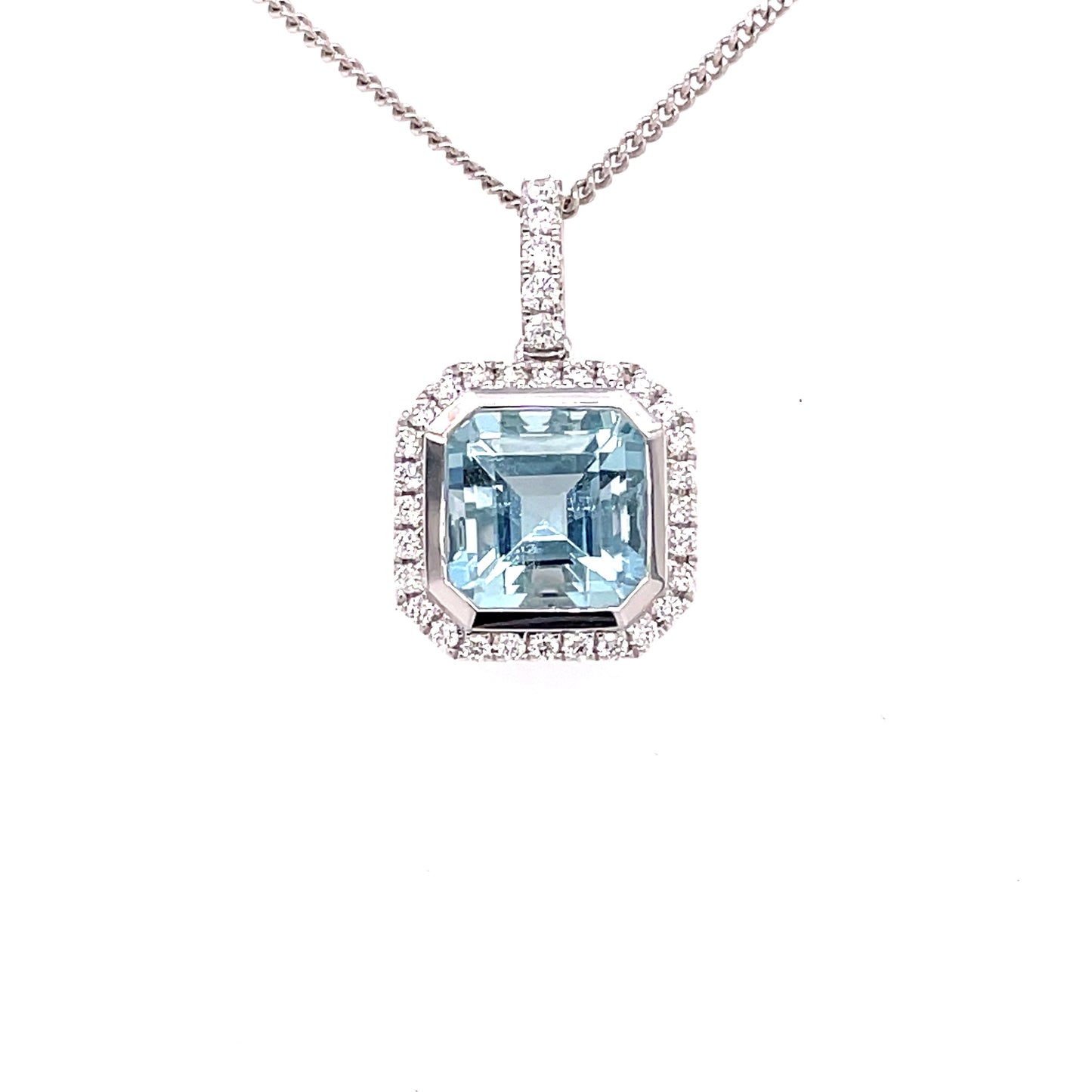 Aquamarine and Diamond Halo Style Pendant Gardiner Brothers
