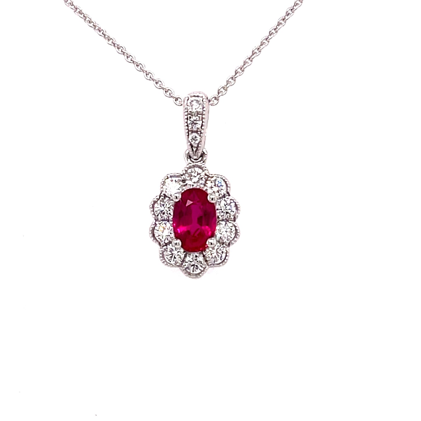 Ruby and Round Brilliant Cut Diamond, Vintage Style Cluster Pendant Gardiner Brothers