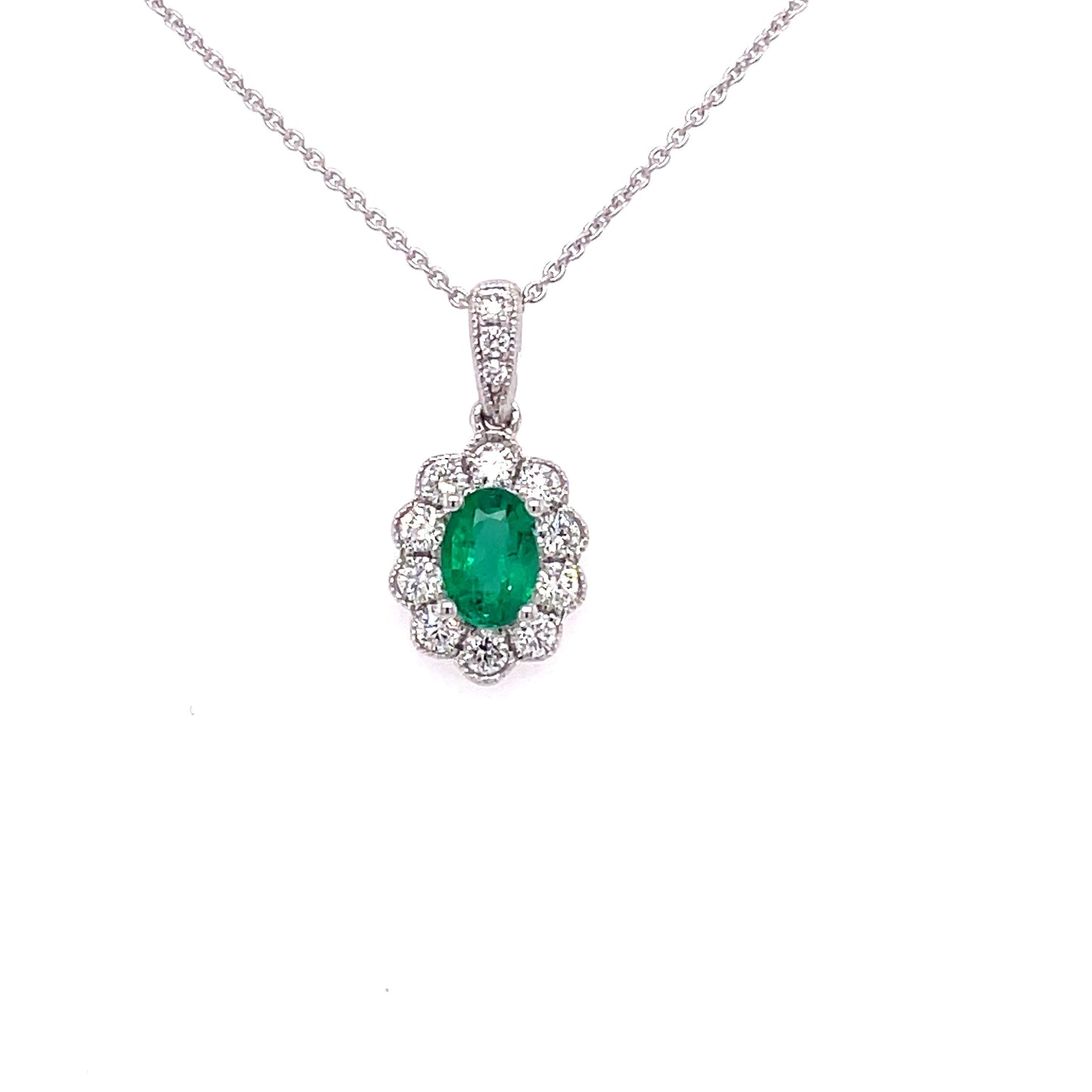 Emerald and Round Brilliant Cut Diamond, Vintage Style Cluster Pendant Gardiner Brothers