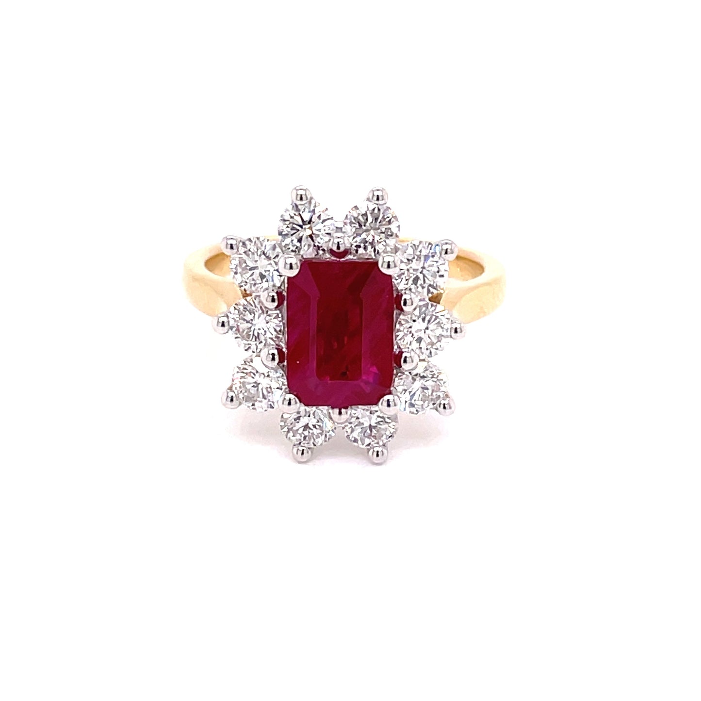 Octagonal Ruby and Round Brilliant Cut Diamond Cluster Ring Gardiner Brothers