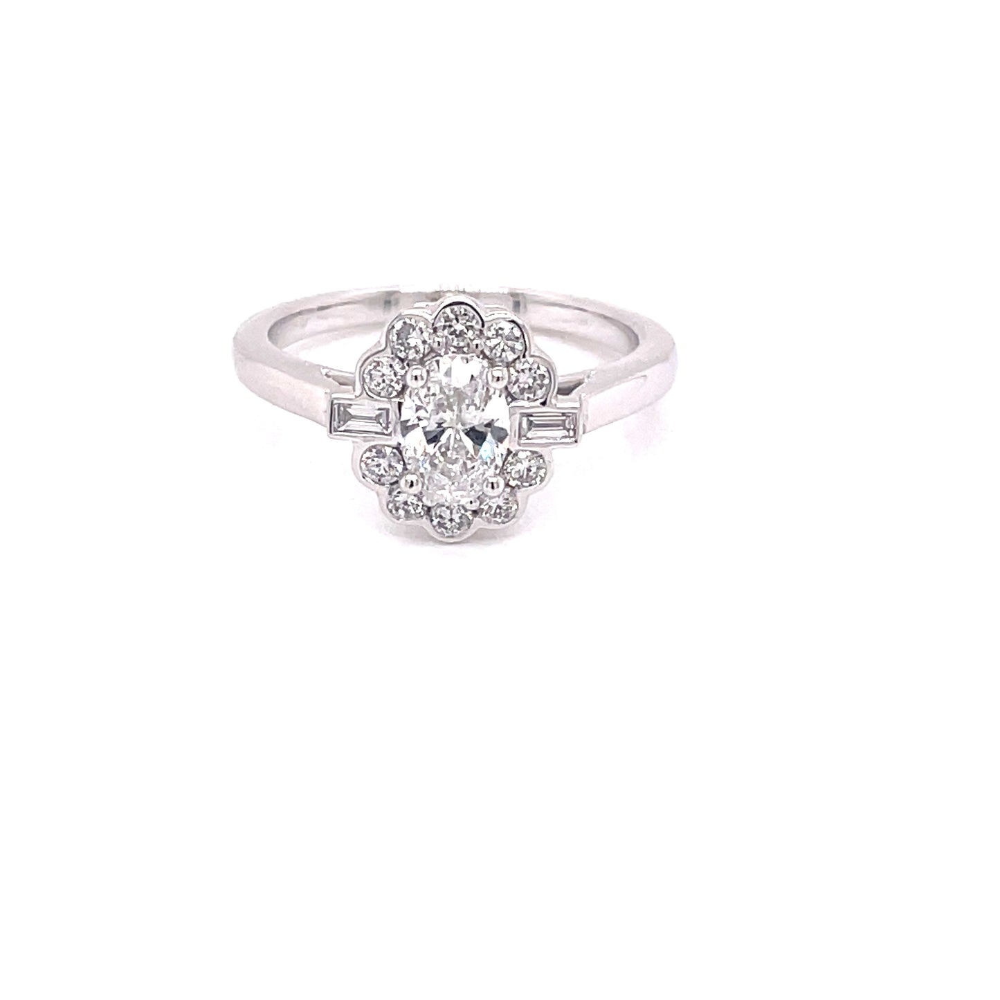 Oval Diamond Cluster Ring Surrounded By Round Brilliant and Baguette Cut Diamonds - 0.85cts Gardiner Brothers