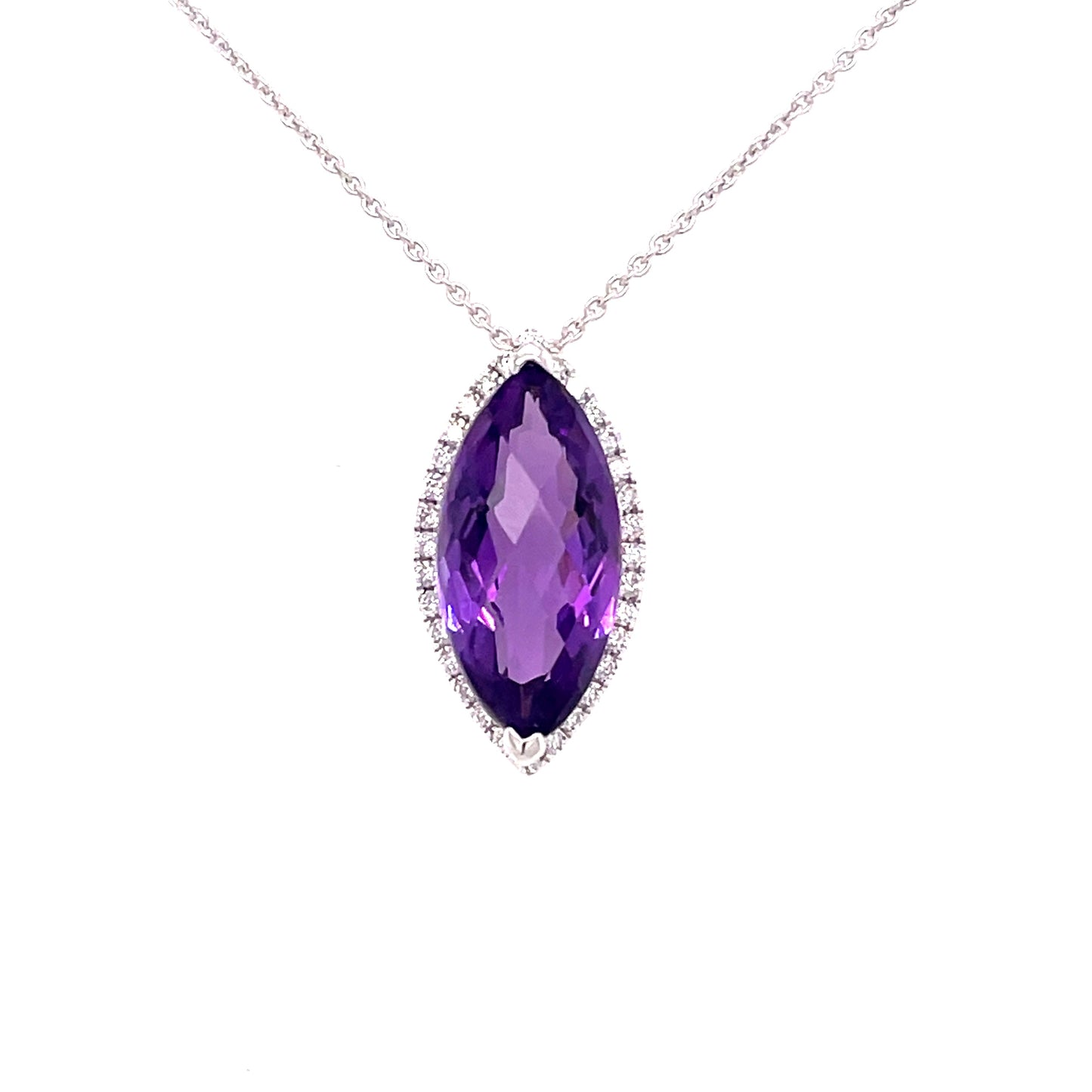 Amethyst and round Brilliant Cut Diamond Halo Pendant Gardiner Brothers