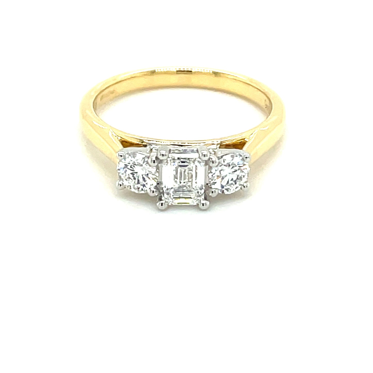Emerald and Round Brilliant Cut Diamond 3 Stone Ring - 0.80cts Gardiner Brothers