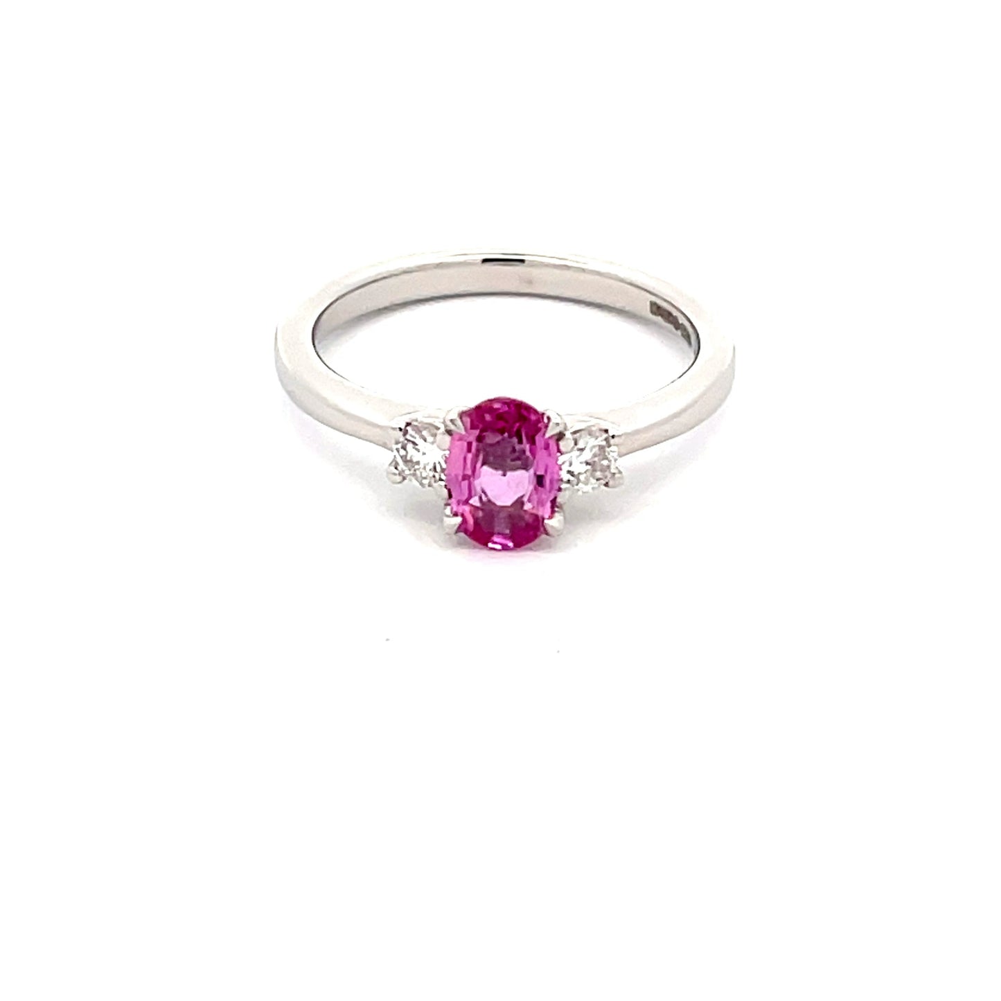 Pink Sapphire and Round Brilliant Cut Diamond 3 Stone Ring Gardiner Brothers