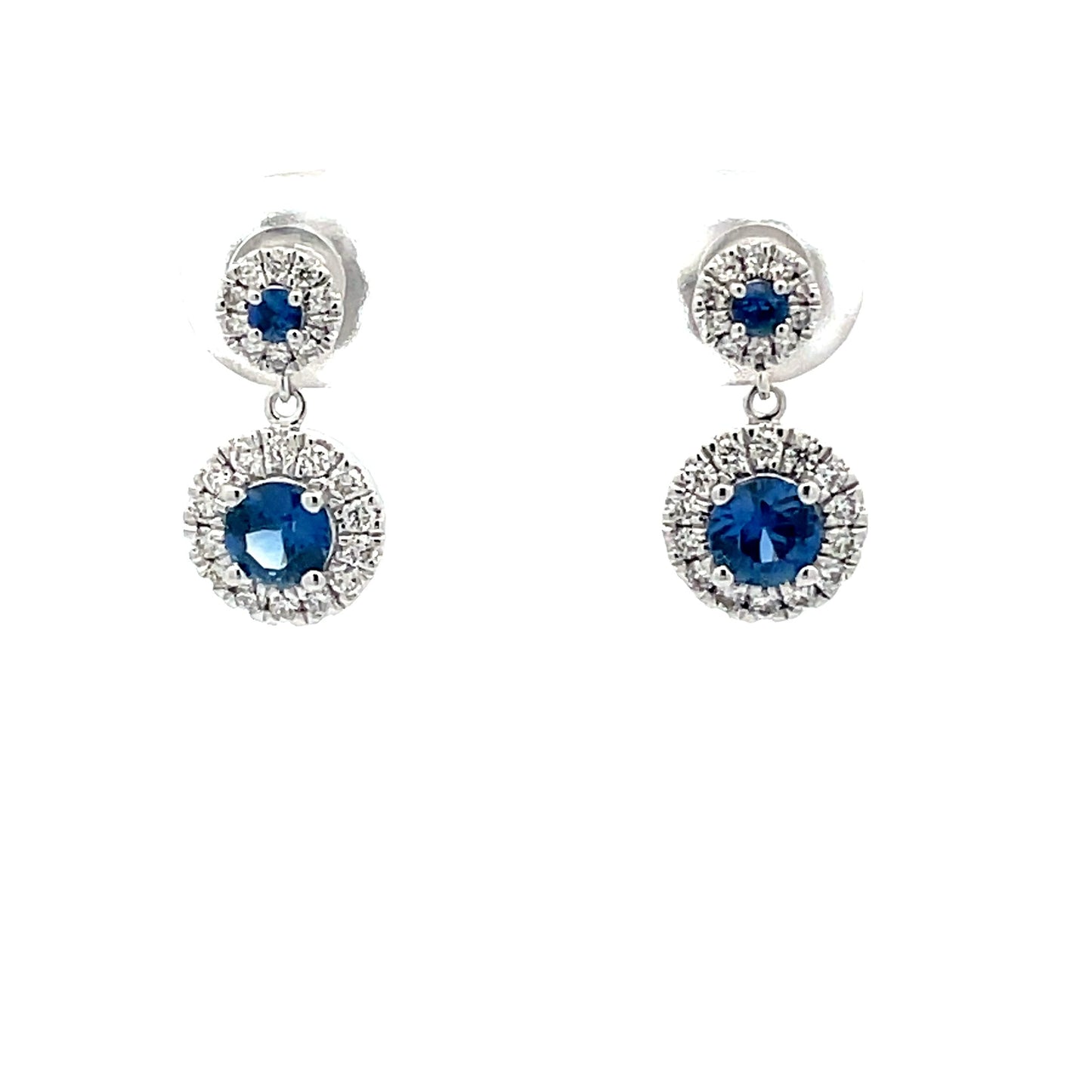 Sapphire and diamond drop halo style earrings Gardiner Brothers
