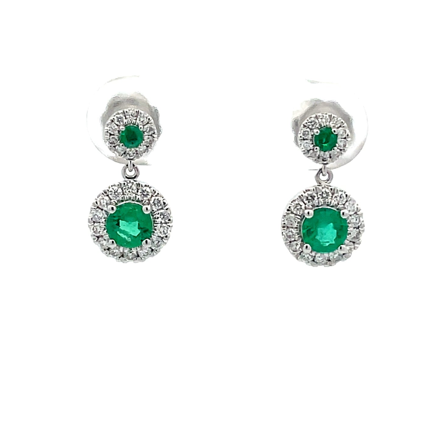 Emerald and diamond drop halo style earrings Gardiner Brothers
