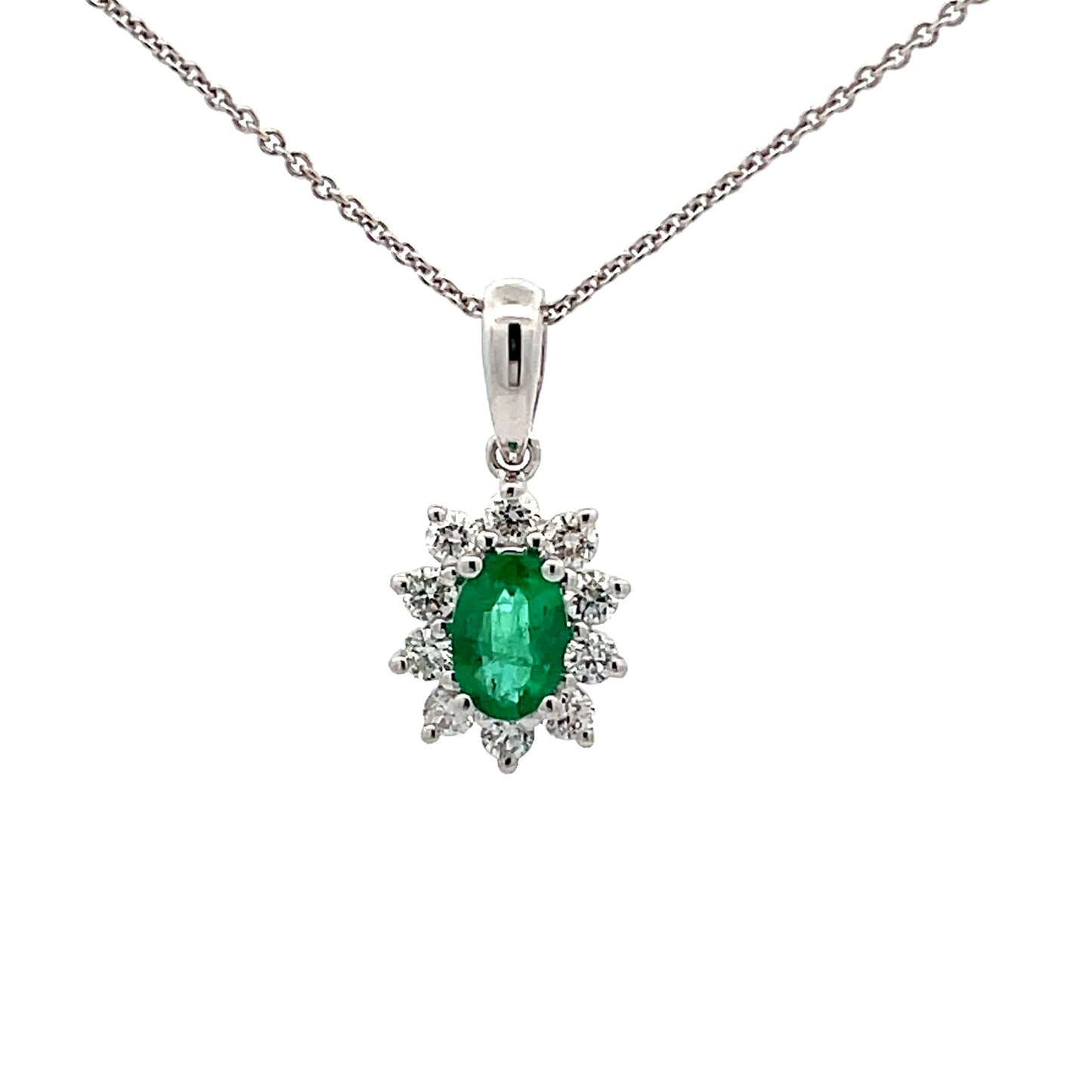 Emerald and round brilliant cut diamond cluster style pendant Gardiner Brothers
