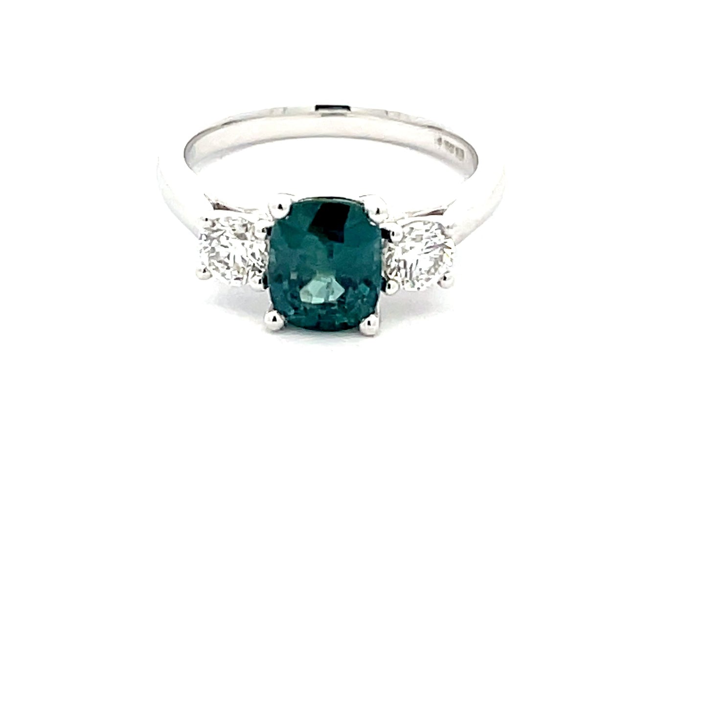 Teal Sapphire and Round Brilliant cut diamond 3 stone ring Gardiner Brothers