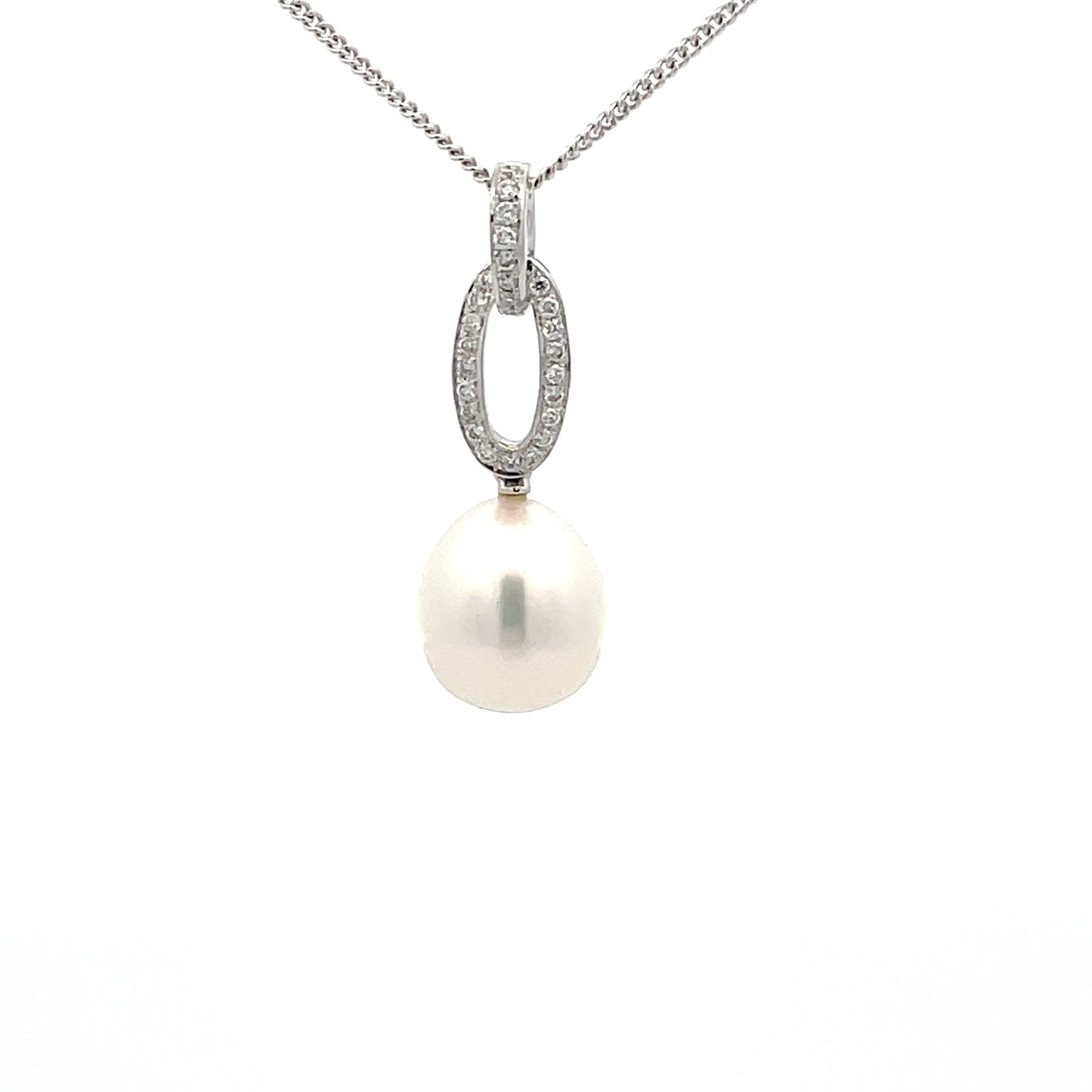 Pearl and Round Brilliant cut diamond drop style pendant Gardiner Brothers