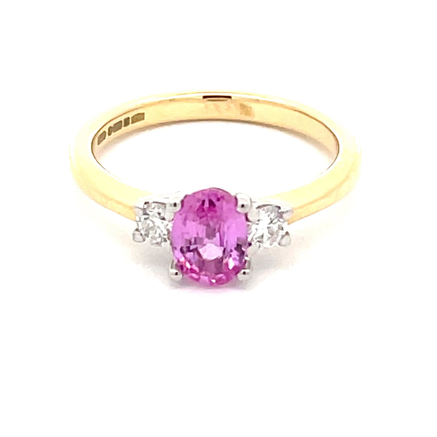 Pink Sapphire and Round Brilliant Cut Diamond 3 Stone Ring Gardiner Brothers