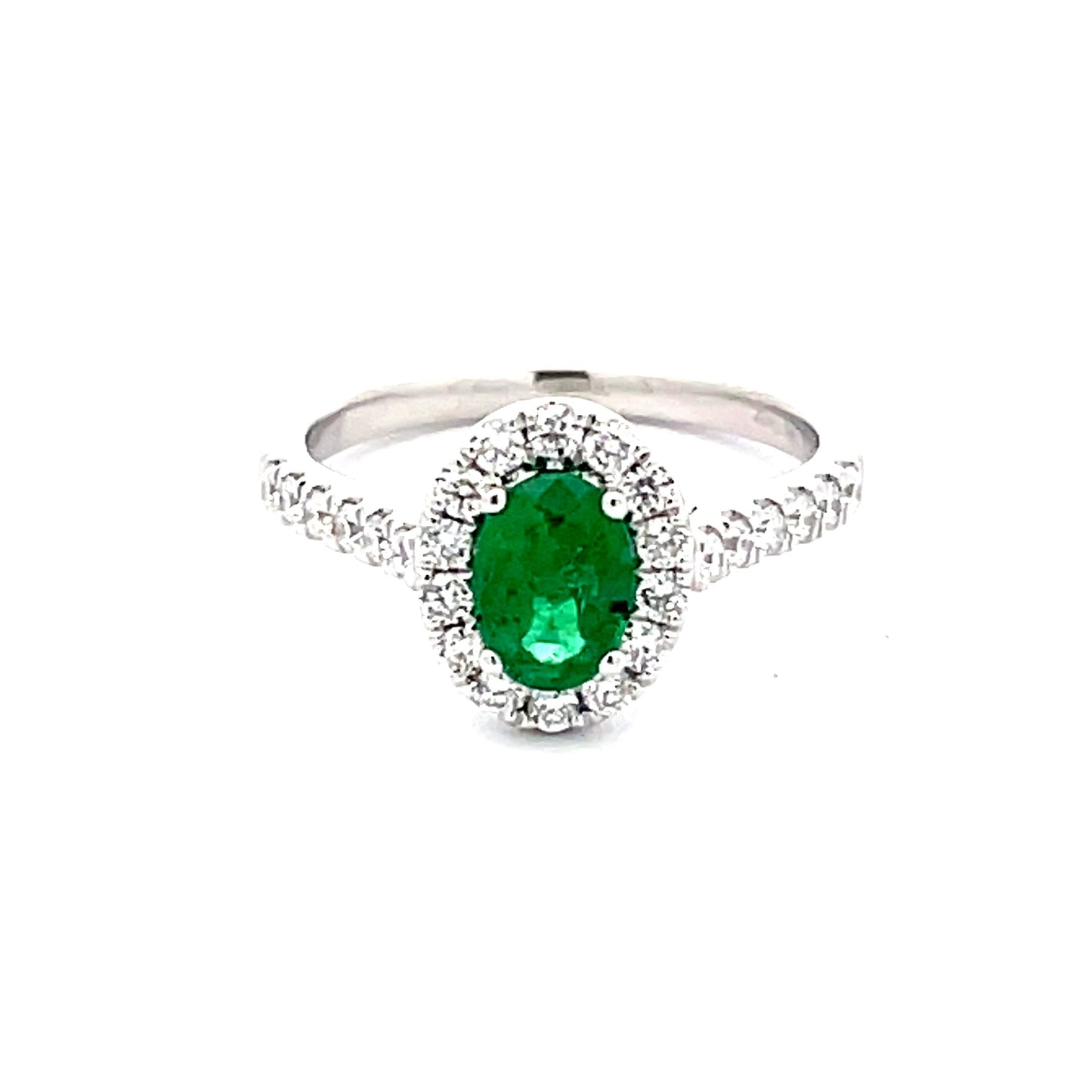 Emerald and round Brilliant Cut diamond halo style ring Gardiner Brothers