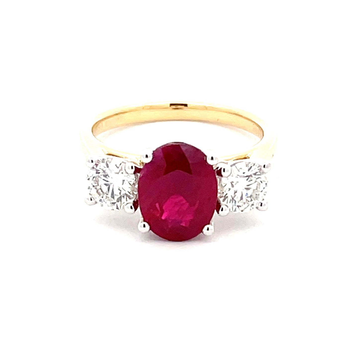 Ruby and Round Brilliant Cut Diamond 3 Stone ring Gardiner Brothers