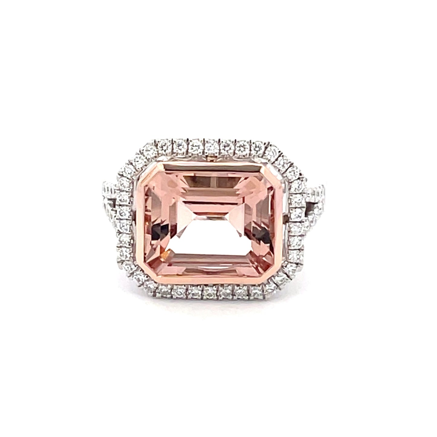 Morganite and Diamond Halo cluster style ring Gardiner Brothers