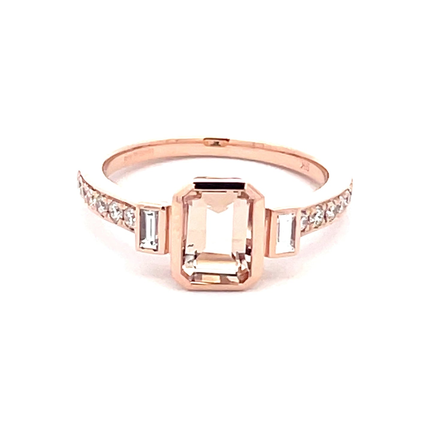 Morganite and Diamond 3 Stone Ring with Diamond Set shoulders. Gardiner Brothers